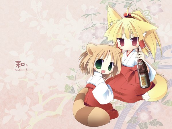Anime picture 1600x1200 with japanese clothes fox girl miko chibi girl