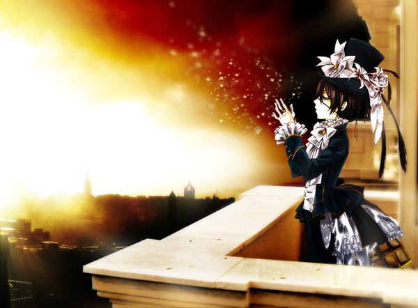 Anime picture 1600x1179 with kuroshitsuji a-1 pictures ciel phantomhive single short hair black hair evening sunset cityscape dress boy flower (flowers) hat frills ring eyepatch balcony