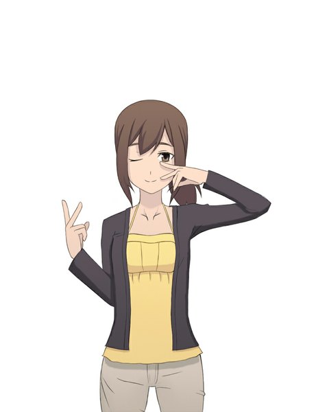 Anime picture 800x1000 with eve no jikan sammy (eve no jikan) tagme (artist) single long hair tall image looking at viewer simple background smile brown hair standing white background brown eyes ponytail one eye closed wink side ponytail victory hand on cheek girl