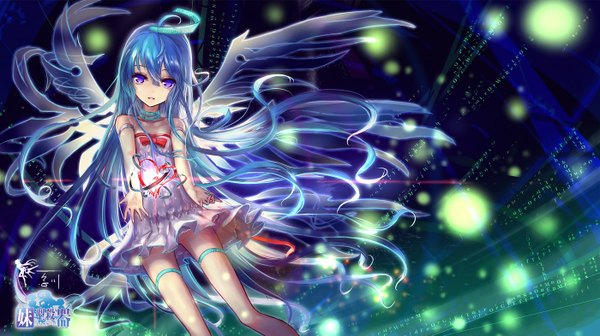 Anime picture 1400x785 with original wangchuan de quanyan single looking at viewer fringe wide image purple eyes blue hair very long hair sleeveless multiple wings girl dress wings