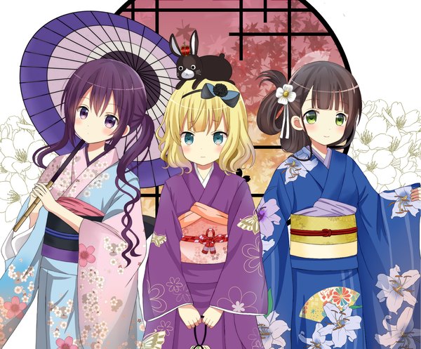 Anime picture 1750x1450 with gochuumon wa usagi desu ka? white fox tedeza rize kirima sharo ujimatsu chiya ryoutan long hair blush highres short hair blue eyes black hair blonde hair purple eyes multiple girls green eyes purple hair traditional clothes japanese clothes animal on head