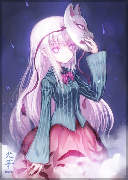 Anime picture 713x1000 with touhou hata no kokoro capriccio single long hair tall image looking at viewer holding signed pink hair shaded face smoke expressionless girl skirt shirt bowtie mask fox mask