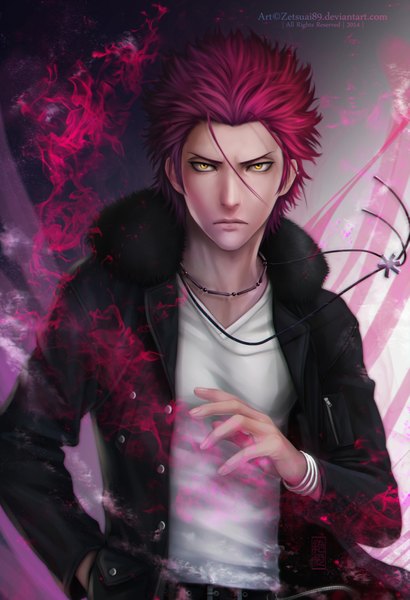 Anime picture 3118x4557 with k-project gohands (studio) mikoto suoh zetsuai89 single tall image highres short hair yellow eyes pink hair absurdres lips realistic open clothes open jacket magic hand in pocket boy jacket fur