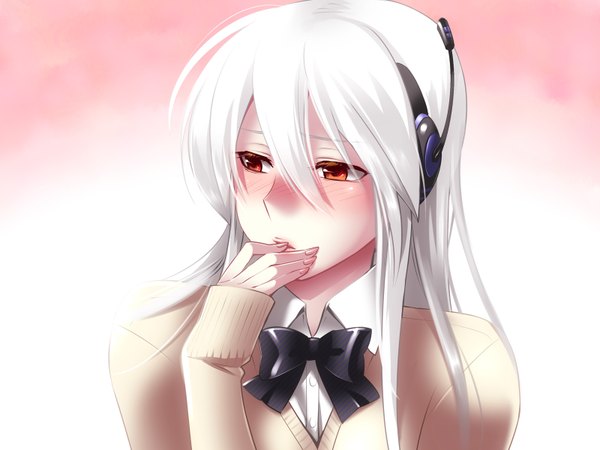 Anime picture 1600x1200 with vocaloid yowane haku caffein long hair blush red eyes white hair girl headphones bowtie