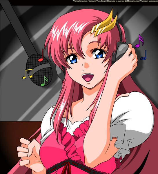 Anime picture 2000x2200 with mobile suit gundam gundam seed destiny sunrise (studio) lacus clyne long hair tall image highres open mouth blue eyes hair between eyes pink hair grey background vector singing girl hair ornament hairclip headphones microphone
