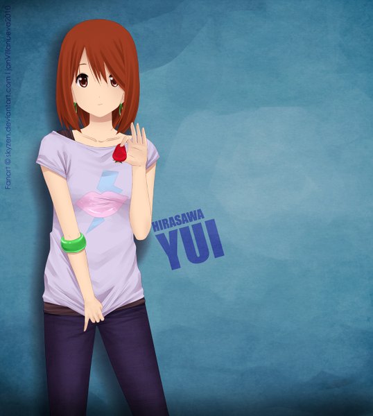 Anime picture 1157x1290 with k-on! kyoto animation hirasawa yui skyzen (artist) single tall image looking at viewer short hair simple background smile red eyes brown hair inscription girl earrings food bracelet berry (berries) strawberry jeans