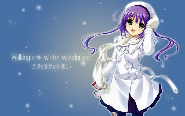 Anime picture 1920x1200 with shinkyoku soukai polyphonica tagme (character) single long hair blush highres open mouth wide image green eyes purple hair inscription wallpaper girl scarf coat cap winter clothes trinket mittens shovel
