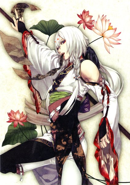 Anime picture 2412x3411 with original kiskil-llira single long hair tall image looking at viewer highres open mouth purple eyes bare shoulders white hair braid (braids) traditional clothes japanese clothes scan boy gloves flower (flowers) weapon detached sleeves