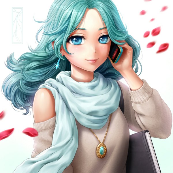 Anime picture 1000x1000 with bishoujo senshi sailor moon toei animation kaiou michiru kotikomori single long hair blush smile white background signed aqua eyes lips aqua hair gradient background watermark girl earrings petals scarf pendant