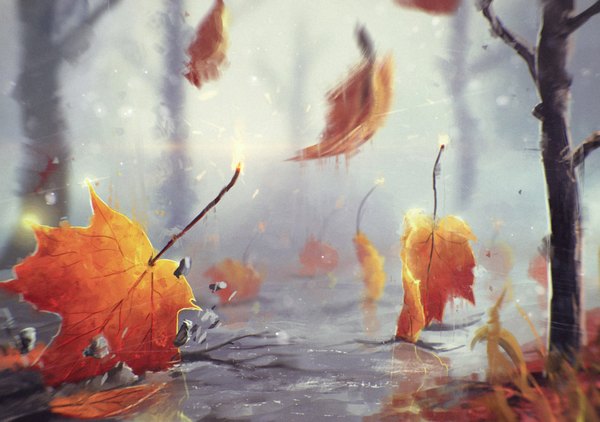 Anime picture 2200x1548 with original sylar113 highres outdoors realistic close-up rain no people autumn falling plant (plants) tree (trees) leaf (leaves) autumn leaves stone (stones) maple leaf