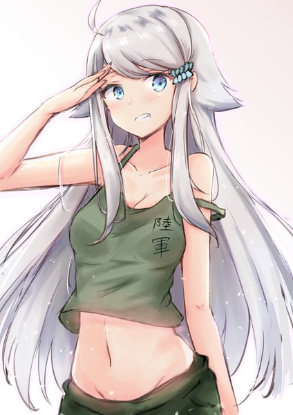 Anime picture 1200x1697 with imouto sae ireba ii silver link kani nayuta hakuya (white night) single long hair tall image looking at viewer blue eyes simple background cleavage silver hair upper body ahoge groin strap slip salute girl navel hair tie