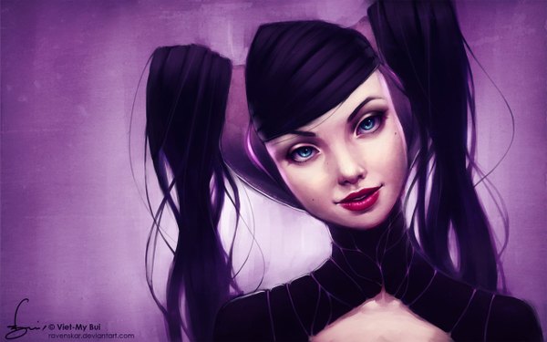 Anime picture 1280x800 with original ravenskar single long hair blue eyes simple background wide image twintails signed purple hair lips realistic mole purple background girl