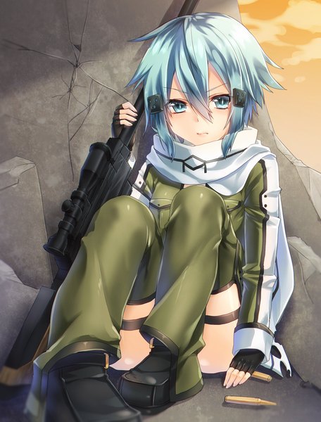 Anime picture 1500x1972 with sword art online a-1 pictures asada shino keita (tundereyuina) single tall image looking at viewer short hair blue eyes sitting blue hair girl gloves hair ornament weapon jacket boots scarf fingerless gloves gun
