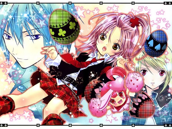 Anime picture 1600x1200 with shugo chara! hinamori amu tsukiyomi ikuto ran (shugo chara!) hotori tadase blush short hair open mouth blue eyes blonde hair purple eyes brown eyes pink hair pink eyes orange eyes group girl skirt uniform school uniform