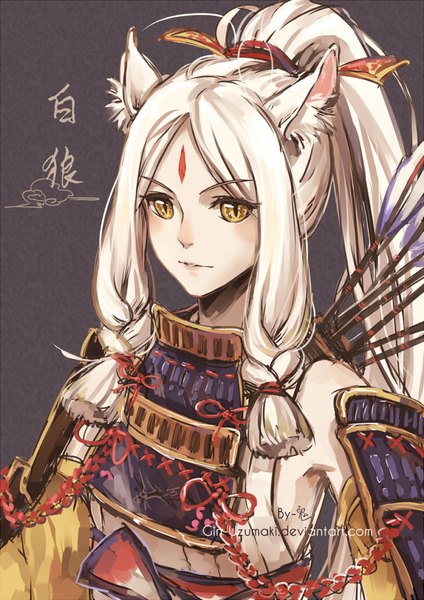 Anime picture 750x1060 with onmyoji white wolf (onmyoji ) gin-uzumaki single long hair tall image simple background animal ears yellow eyes looking away white hair ponytail braid (braids) grey background hieroglyph portrait wolf ears forehead mark animal eyes cat eyes