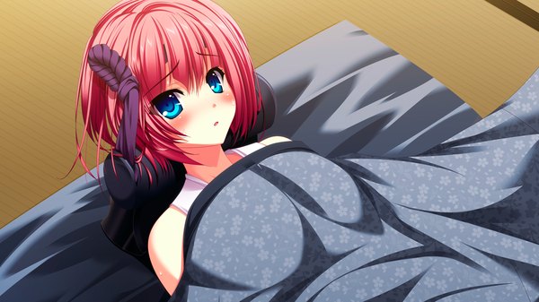 Anime picture 1280x720 with chusingura46+1 ooishi sakura nui (artist) single looking at viewer blush short hair open mouth blue eyes wide image bare shoulders game cg red hair on back sick girl hair ornament blanket