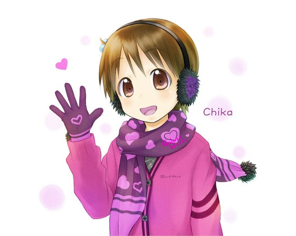 Anime picture 1024x819 with ichigo mashimaro itou chika single looking at viewer short hair open mouth simple background brown hair white background brown eyes girl gloves jacket heart headphones scarf