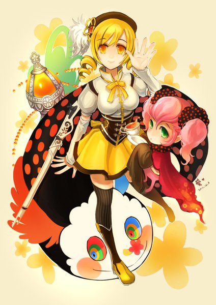 Anime picture 1240x1754 with mahou shoujo madoka magica shaft (studio) tomoe mami charlotte (madoka magica) huazha01 tall image looking at viewer short hair blonde hair smile twintails multiple girls green eyes yellow eyes pink hair drill hair short twintails underbust girl thighhighs