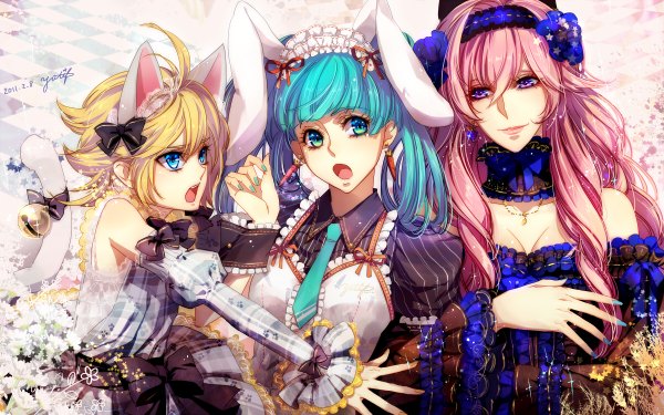 Anime picture 1200x750 with vocaloid hatsune miku megurine luka kagamine rin yutif (artist) long hair short hair open mouth blue eyes blonde hair wide image twintails animal ears pink hair aqua hair bunny ears girl bow detached sleeves earrings