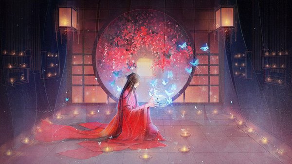 Anime picture 1366x767 with original na yan brown hair wide image holding full body indoors very long hair traditional clothes profile wide sleeves kneeling looking down floor transparent girl flower (flowers) window insect butterfly