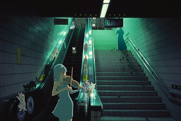 Anime picture 1024x684 with original vofan long hair bare shoulders brown eyes inscription girl boy animal cat sundress stairs violin bow (instrument) mouse subway escalator