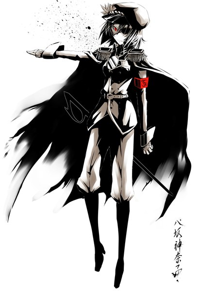 Anime picture 2806x4124 with touhou yasaka kanako bisuke (k step2009) single tall image fringe highres short hair red eyes white background hieroglyph monochrome girl uniform sword cloak eyepatch military uniform