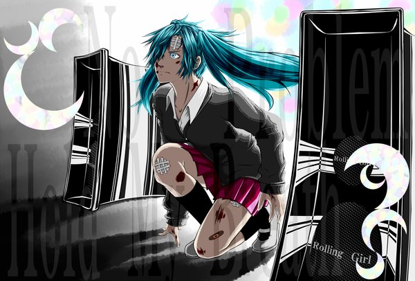 Anime picture 2373x1607 with vocaloid hatsune miku long hair highres girl skirt blood
