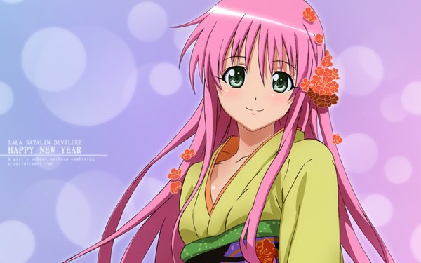 Anime picture 1920x1200 with toloveru xebec lala satalin deviluke single long hair looking at viewer highres wide image green eyes pink hair traditional clothes hair flower inscription girl hair ornament flower (flowers)