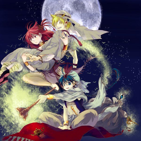 Anime picture 1500x1500 with magi the labyrinth of magic a-1 pictures morgiana aladdin (magi) ali baba saluja moco (pixiv 1595220) long hair short hair blue eyes blonde hair red eyes yellow eyes blue hair red hair night magic smoke group flying carrying