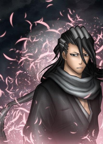 Anime picture 3392x4756 with bleach studio pierrot kuchiki byakuya gray fullbuster (artist) single long hair tall image highres absurdres cloud (clouds) japanese clothes grey hair grey eyes night sky coloring boy petals kimono scarf full moon