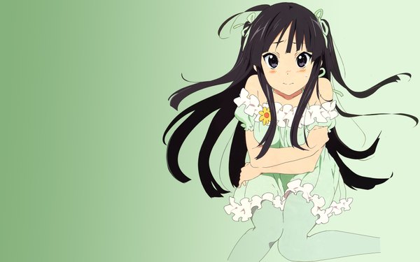 Anime picture 1920x1200 with k-on! kyoto animation akiyama mio horiguchi yukiko single long hair looking at viewer blush highres black hair simple background smile wide image ahoge two side up frilled dress green background girl dress ribbon (ribbons)