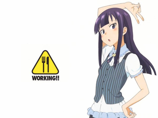 Anime picture 1024x768 with working!! a-1 pictures yamada aoi single long hair blush open mouth simple background white background purple eyes purple hair inscription hand on hip girl vest