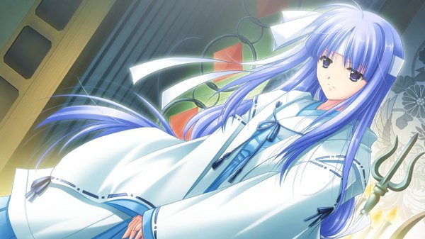 Anime picture 1280x720 with kagura gakuen ki yamamoto kazue long hair wide image purple eyes blue hair game cg miko girl