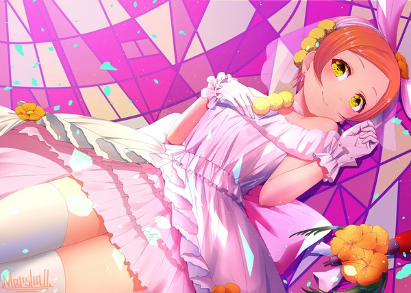 Anime picture 1100x785 with love live! school idol project sunrise (studio) love live! hoshizora rin marshall (wahooo) single looking at viewer blush short hair smile yellow eyes orange hair girl thighhighs dress gloves flower (flowers) white thighhighs frills white gloves
