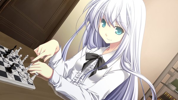 Anime picture 1280x720 with end sleep single long hair blue eyes wide image game cg silver hair light smile girl dress bowtie chess