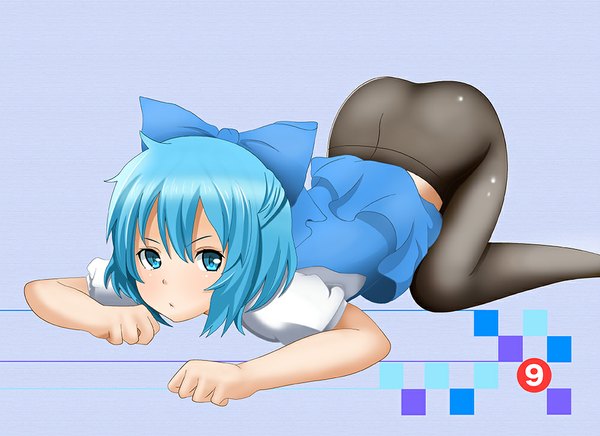 Anime picture 1000x727 with touhou cirno kai187 single looking at viewer short hair blue eyes light erotic blue hair skirt lift purple background girl bow hair bow pantyhose