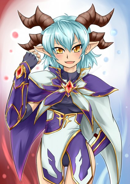 Anime picture 1050x1484 with original nam (valckiry) single tall image looking at viewer blush short hair open mouth smile brown eyes blue hair horn (horns) pointy ears girl