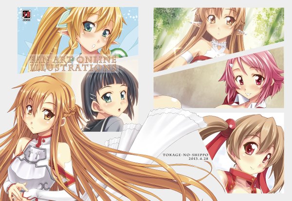 Anime picture 2487x1720 with sword art online a-1 pictures yuuki asuna kirigaya suguha leafa silica lisbeth titania (alo) gekato long hair blush highres short hair black hair red eyes brown hair multiple girls brown eyes green eyes pink hair