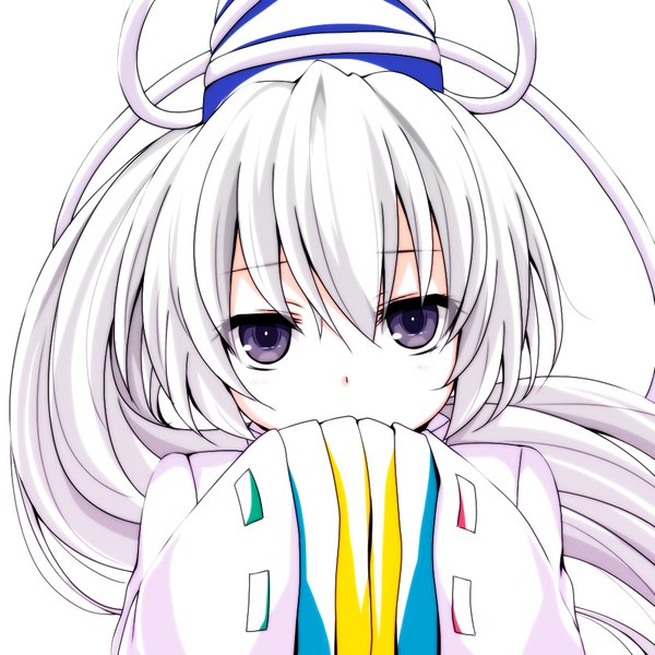 Anime picture 1000x1000 with touhou mononobe no futo watarui single long hair looking at viewer fringe simple background hair between eyes white background purple eyes upper body white hair traditional clothes japanese clothes multicolored hair grey hair wide sleeves gradient hair covered mouth