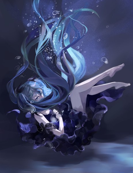 Anime picture 1720x2235 with vocaloid shinkai shoujo (vocaloid) hatsune miku bianzao single long hair tall image highres blue eyes blue hair underwater witch girl dress bubble (bubbles)