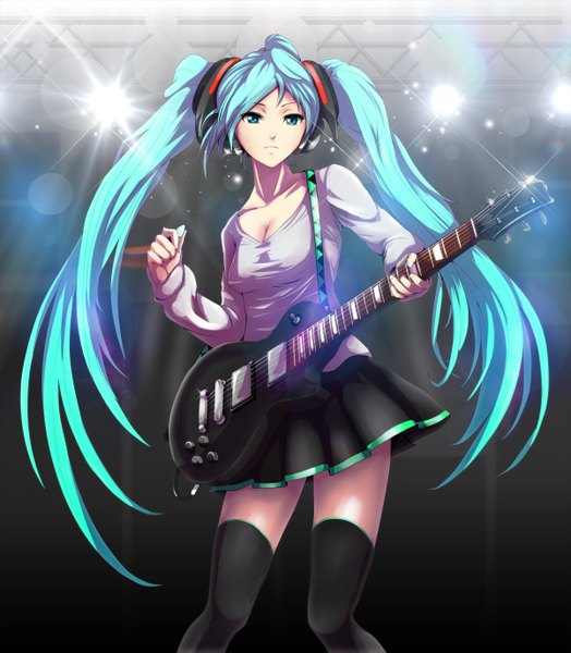 Anime picture 1200x1373 with vocaloid hatsune miku infinote single tall image twintails very long hair aqua eyes aqua hair light girl skirt miniskirt guitar
