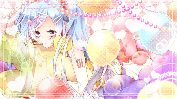 Anime picture 1920x1080 with vocaloid hatsune miku sakuragi ren long hair highres wide image twintails aqua eyes aqua hair girl hair ornament heart hairclip headphones beads musical note balloon