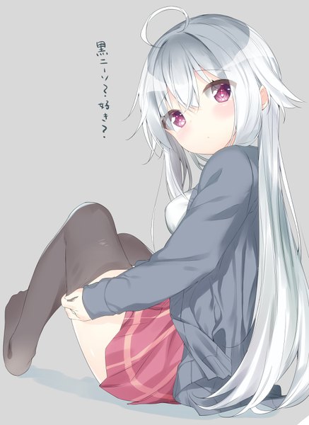 Anime picture 2140x2936 with original shiori (kamioka shun'ya) kamioka shun'ya single long hair tall image looking at viewer blush fringe highres simple background hair between eyes sitting purple eyes silver hair ahoge looking back grey background text adjusting clothes