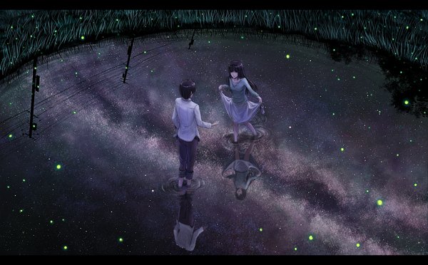 Anime picture 2000x1240 with original lif (lif-ppp) long hair highres short hair black hair wide image sky night couple reflection letterboxed girl thighhighs boy skirt black thighhighs plant (plants) shirt water