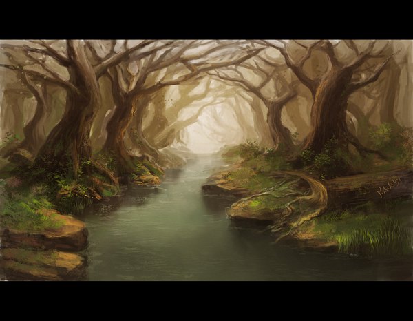 Anime picture 1800x1400 with vennom07 highres wind no people landscape river nature plant (plants) tree (trees) water leaf (leaves) grass forest