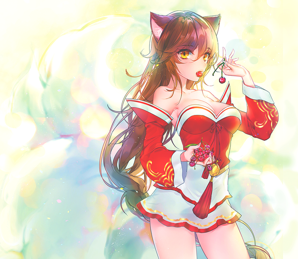 Anime picture 1000x867 with league of legends ahri (league of legends) joypyonn single looking at viewer fringe breasts hair between eyes brown hair large breasts standing animal ears yellow eyes cleavage tail braid (braids) very long hair traditional clothes animal tail wide sleeves
