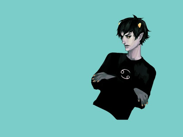 Anime picture 1280x960 with homestuck karkat vantas rondeau short hair black hair simple background horn (horns) pointy ears teeth grin crossed arms sharp teeth demon boy