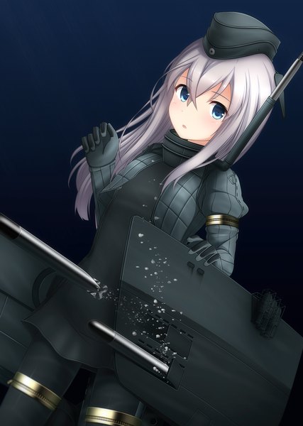 Anime picture 954x1341 with kantai collection u-511 submarine shirasawa kazane single long hair tall image looking at viewer blush fringe open mouth blue eyes hair between eyes standing silver hair parted lips puffy sleeves surprised mecha musume girl gloves