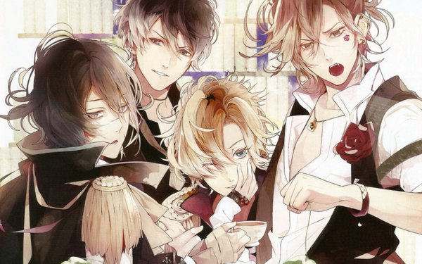 Anime picture 1920x1200 with diabolik lovers idea factory mukami ruki mukami kou mukami yuuma mukami azusa satoi (artist) looking at viewer highres short hair open mouth blue eyes black hair blonde hair brown hair wide image brown eyes black eyes multiple boys siblings