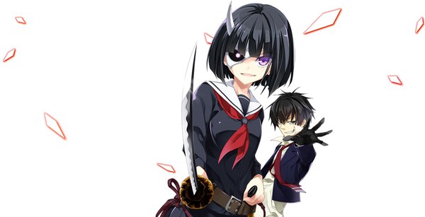 Anime picture 1177x604 with busou shoujo machiavellism onigawara rin nomura fudou kanzaki karuna looking at viewer short hair black hair simple background wide image white background purple eyes horn (horns) official art outstretched arm girl boy gloves uniform weapon sword